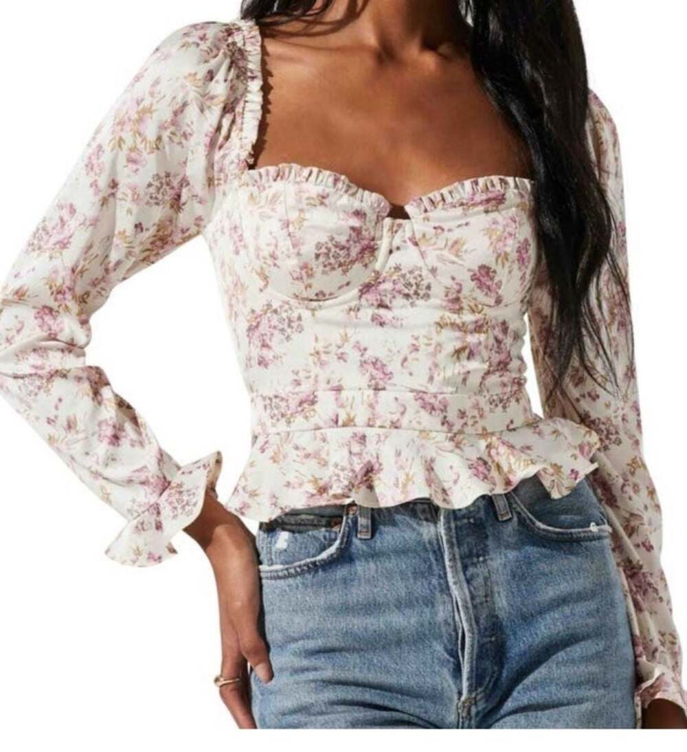 NWT ASTR The Label Floral Peplum Bustier Top Satin Cream XS New with Tags